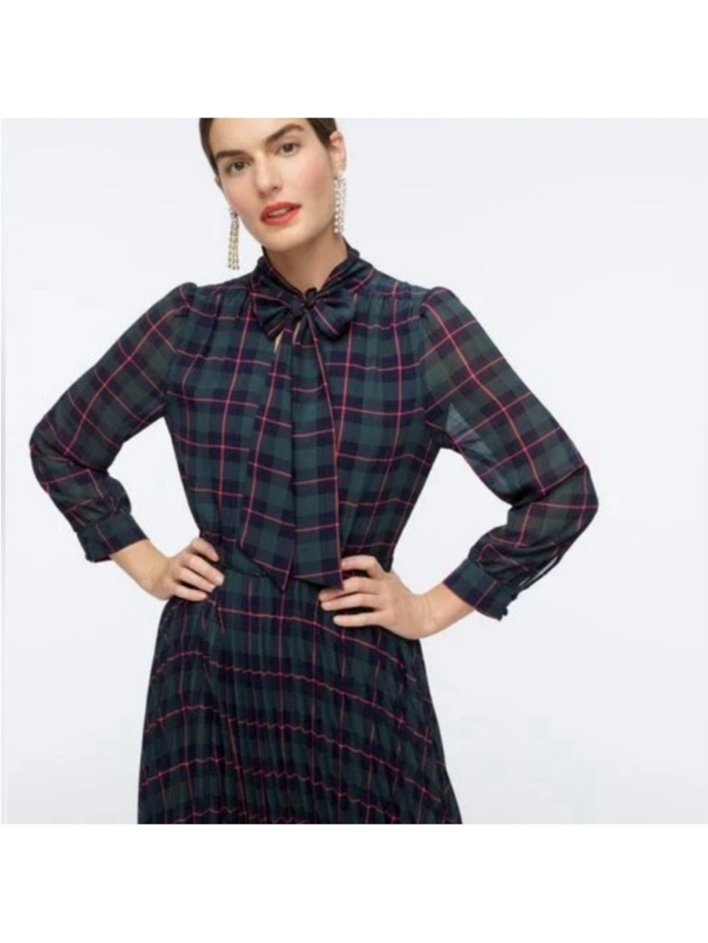 J. Crew Dark Green and Navy Plaid Long-Sleeve Bow-Neck Dress